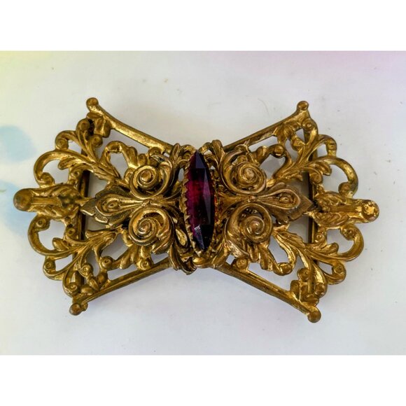 Antique Victorian OrnateBrass Dress Buckle With Ruby Red Glass Stone - Picture 8 of 8